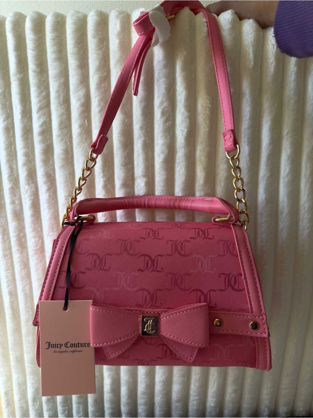 Juicy Couture Pink Logo Bow Satchel with Gold Chain